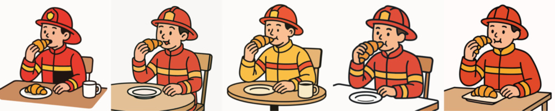 Set of vector illustrations of a firefighter eating a croissant.