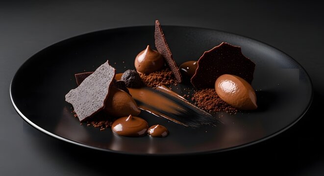 Elegant chocolate dessert plating for fine dining. Gourmet presentation with rich textures and artistic styling. Pastry chef creating luxurious swe...