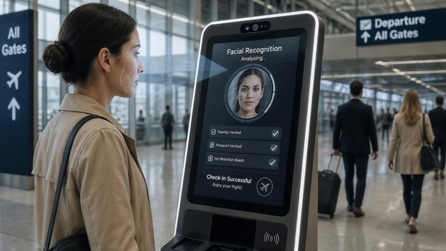 Woman stands near digital kiosk in airport terminal. Face recognition screen displays her photo and biometric data. Background shows travelers moving toward departure gates