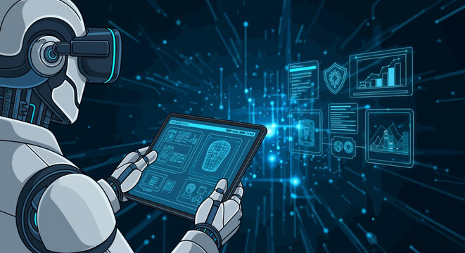 Robot using advanced technology tablet with virtual reality headset.