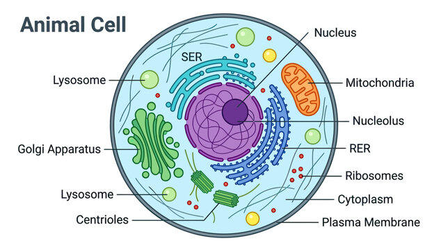 Diagram of an animal cell showing organelles like nucleus, mitochondria, golgi apparatus.