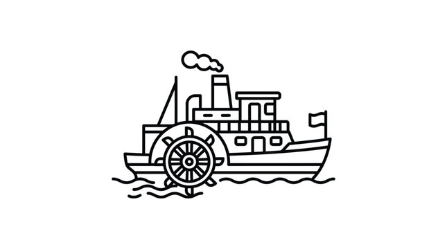 Steamboat with waves and smoke stack black line silhouette