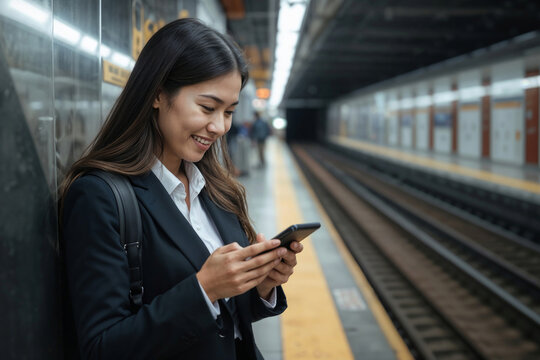Young Asian woman smiles while waiting on subway platform. She holds phone, dressed in business attire