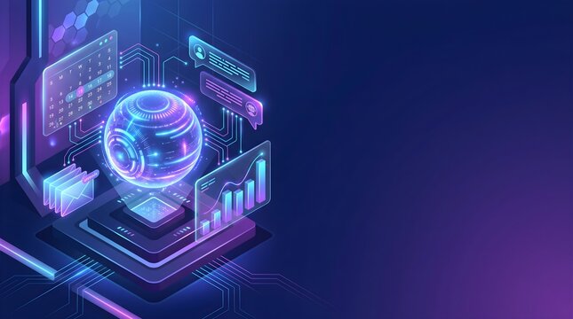 ​AI Virtual Assistant Workspace Background with Tech Network Copy Space