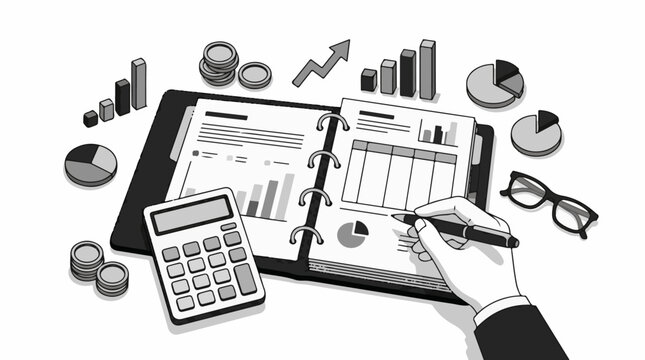 A hand writes on a financial report with a calculator coins and charts