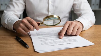 Man in white shirt examining document with magnifying glass with desk using magnifying shirt...