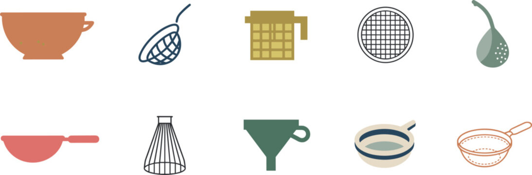 Vintage kitchen colander and strainer vector illustration set with doodle style cooking strainers sifter grid ladle funnel and bowls isolated object icon collection