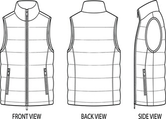 Puffer vest vector technical sketch illustration, fashion flat mockup template, front back side view outerwear © Moksedul