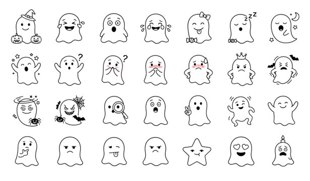 Cute Cartoon Ghost Expression Icon Set &ndash; 28 Adorable Halloween Spirit Characters with Funny Faces Monochrome Vector Illustration