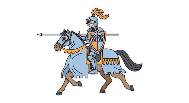 Historical Medieval Knight in Full Plate Armor Riding Heavy Warhorse with Lance and Heraldic Shield