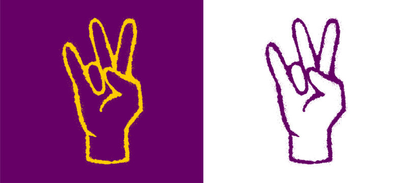 Three fingers hand sign drawn with spray paint texture. Creative street art graphic element template with isolated custom gesture silhouette layout on plain background poster clip art.