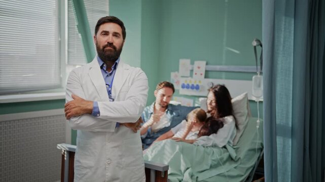Doctor stands confidently during supportive family hospital visit