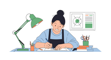 Fototapeta premium Professional young woman artist or designer working diligently at her desk with a green desk lamp and various drawing tools in a studio.