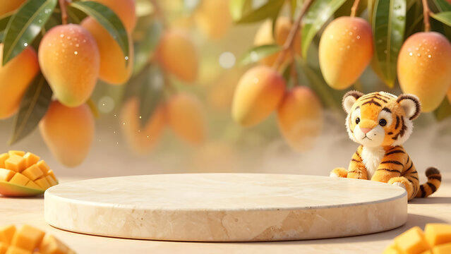 Baby product podium mockup with cute plush tiger cub and ripe juicy mango fruits, 3d render

