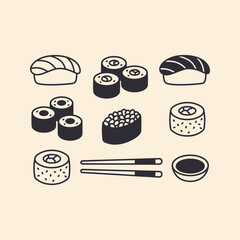 Assorted japanese sushi rolls nigiri chopsticks and soy sauce collection illustrated in a clean minimalist black and white graphic style © Sai-man