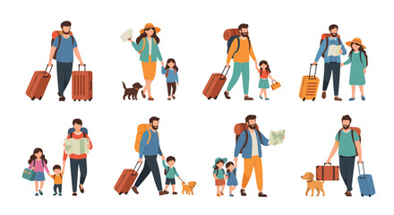 Fototapeta premium Diverse set of families and travelers with suitcases, backpacks, maps, and pets preparing for a holiday or hiking adventure trip.