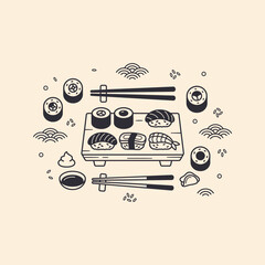 Delicious assorted sushi rolls served on a wooden board with black chopsticks and soy sauce in a minimal vector illustration © Sai-man