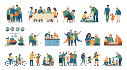 Fototapeta premium Flat vector illustration of family generations engaging in diverse lifestyle activities, from childhood to old age