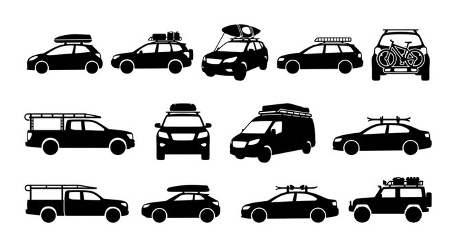 Collection of Car Silhouettes with Roof Racks and Cargo Carriers for Travel and Adventure Transportation