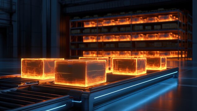 Futuristic Manufacturing Process with Glowing Cubes on Conveyor Belt.