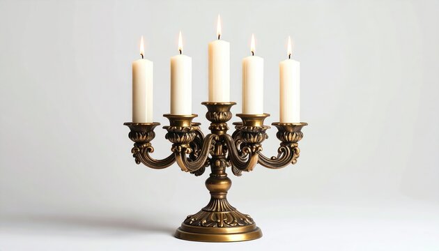 Ornate brass candelabra with five lit white candles on a light background