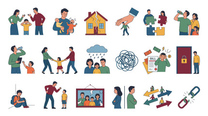 Fototapeta premium Vector Set Illustrating Family Problems, Conflict, and Emotional Distress