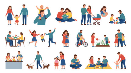 Fototapeta premium Flat Vector Illustrations of Diverse Families Engaged in Daily Activities
