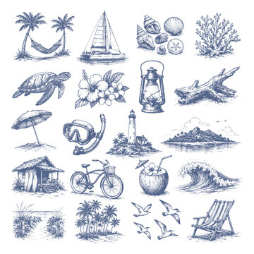 Beach and Summer Sketch Elements Set
