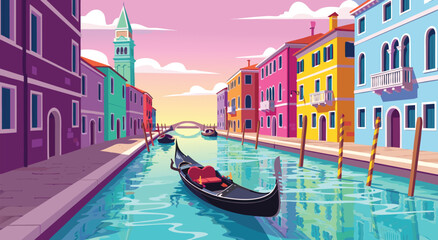 Vibrant Venice Canal Vector Illustration Design Featuring Colorful Buildings and a Traditional Gondola Floating on Calm Water Surface © Purnomo Semlirick