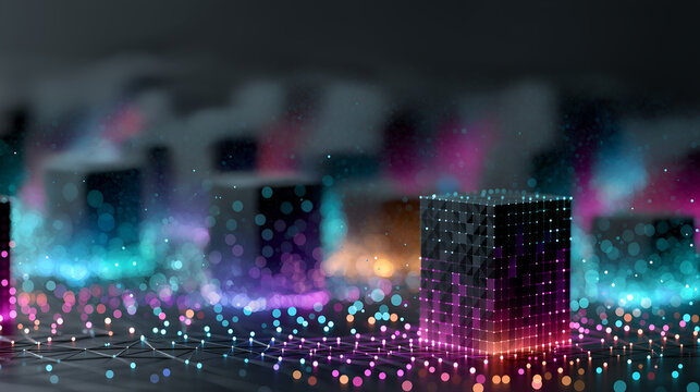 Futuristic glowing digital cube with data particles, artificial intelligence, blockchain and cloud computing background