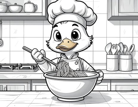A duck in a chef hat mixes noodles in a kitchen