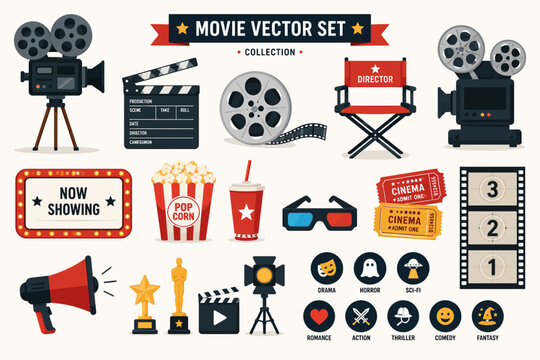 Movie cinema vector flat icons set with camera film clapperboard and popcorn