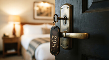 Naklejka premium Modern door key tag with 2015 date hanging on handle. Metal keychain label for home security and real estate access