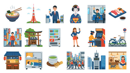 Naklejka premium Japanese Culture Travel Icons: Food, Landmarks, People, Transport, Art Style
