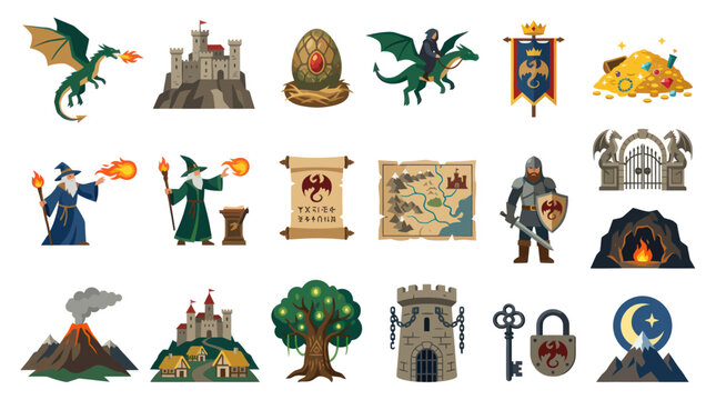 Fantasy Vector Icons: Dragons, Castles, Wizards, Knight, Treasure, Map