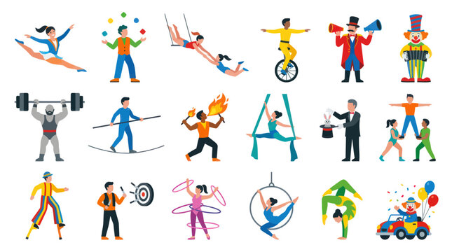 Circus Entertainment Performers and Show Acts Flat Vector Illustration Collection