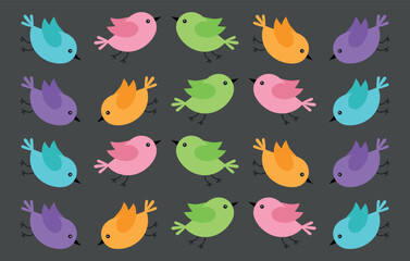Naklejka premium A modern and stylish seamless pattern featuring colorful cartoon birds arranged in a grid set against a sophisticated dark gray background. This high-quality vector illustration is ideal.