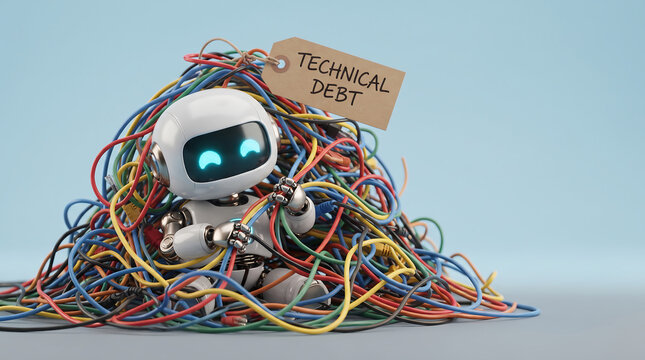 Small robot tangled in multicolored wires with &ldquo;TECHNICAL DEBT&rdquo; tag, symbolizing software complexity, messy code, and challenges that slow progress in development and innovation