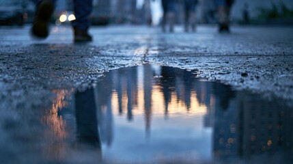 Fototapeta premium City skyline reflected in rain puddle on wet sidewalk