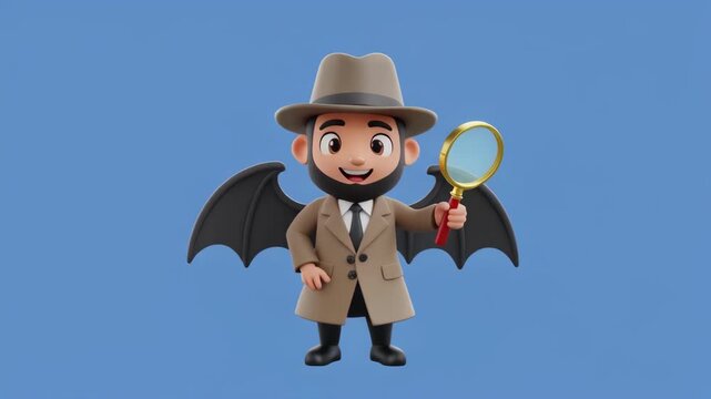 Detective character with magnifying glass and bat wings exploring mystery in studio lighting