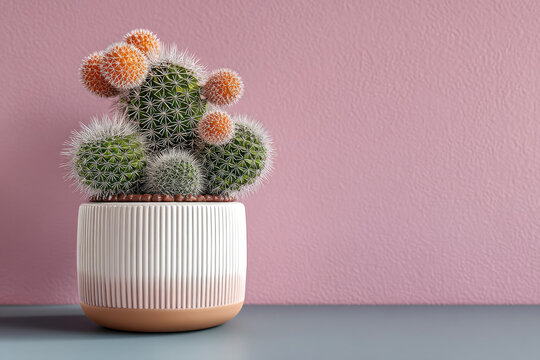 Small cactus in ceramic pot with orange flowers on pastel pink background, minimal home decor, modern style, cheerful mood