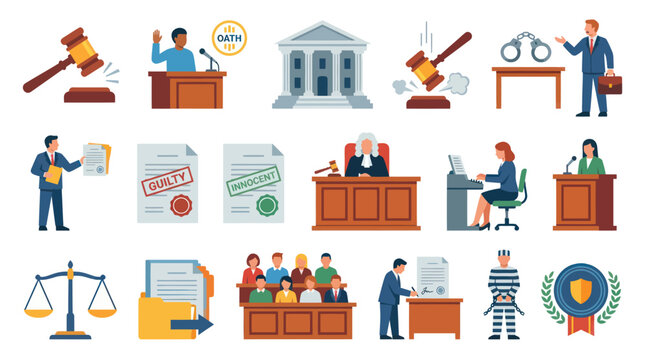 Flat Design Legal Justice System Icons Set: Courtroom, Law, Crime, and Trial Concepts Vector
