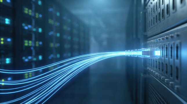 Blue light streaks converging cable in data center with server racks and network connection glowing in dark room