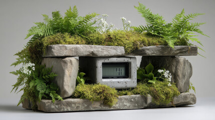 Fototapeta premium Stone moss fern digital clock ancient green foliage nature wildflower create digital clock surrounded by moss ferns and wildflowers blending