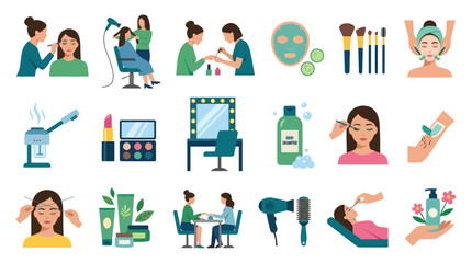Fototapeta premium Flat Style Beauty Salon and Spa Icons Set, Cosmetic Procedures, Skincare