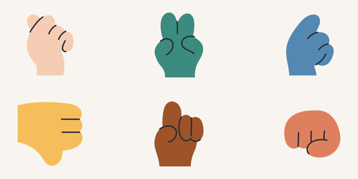 Flat vector hand gesture set showing fist, thumbs up, thumbs down and peace sign in diverse skin tones, ideal for social media icons.