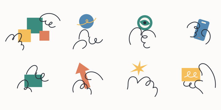 Business. Hand drawn line icon set featuring hands with shapes, globe, magnifier, phone, arrow and star, ideal for business design elements.