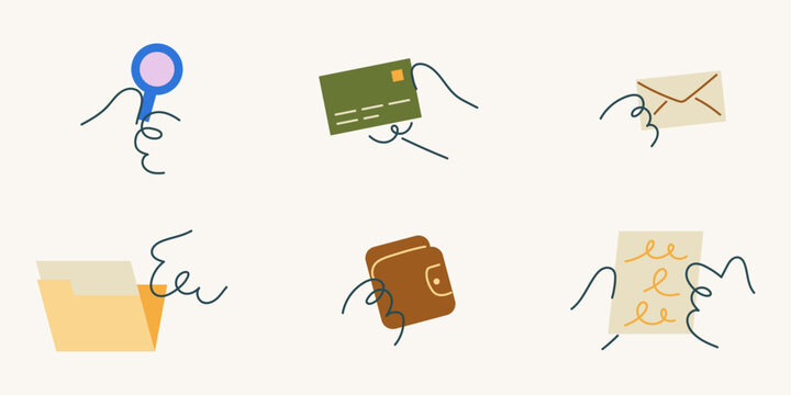 Business. Hand drawn line icon set featuring hands holding a credit card, envelope, folder and wallet, ideal for business finance elements.