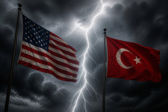 Two flags, the American and Turkish, are displayed under a dramatic, stormy sky with lightning striking.