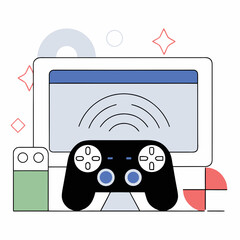 Joystick controller is placed before a vibrant digital display screen. © sajida